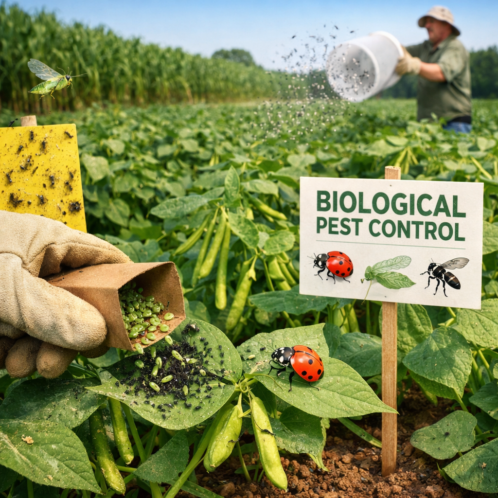 Farm worker releasing beneficial insects onto leafy crops for pest control