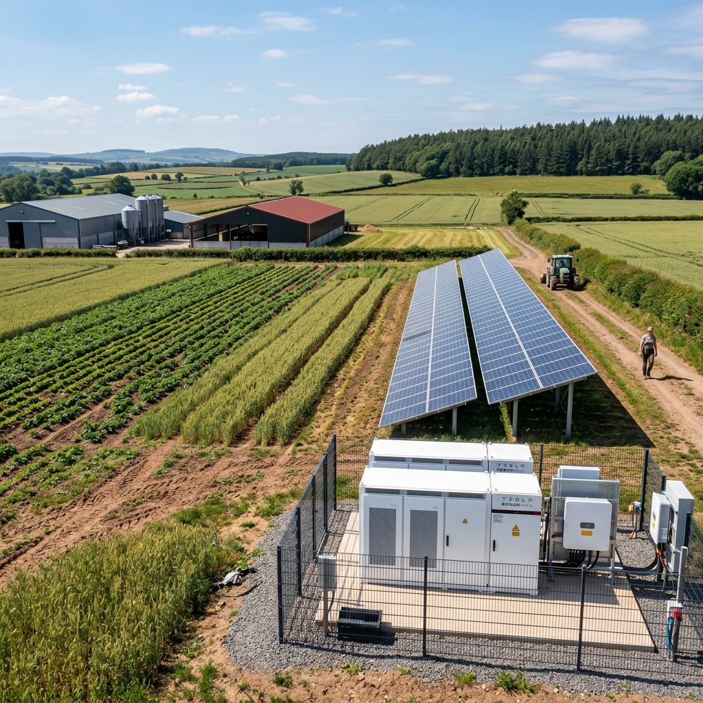 Solar panel array on a fenced section of a farm field with buildings and a tractor nearby